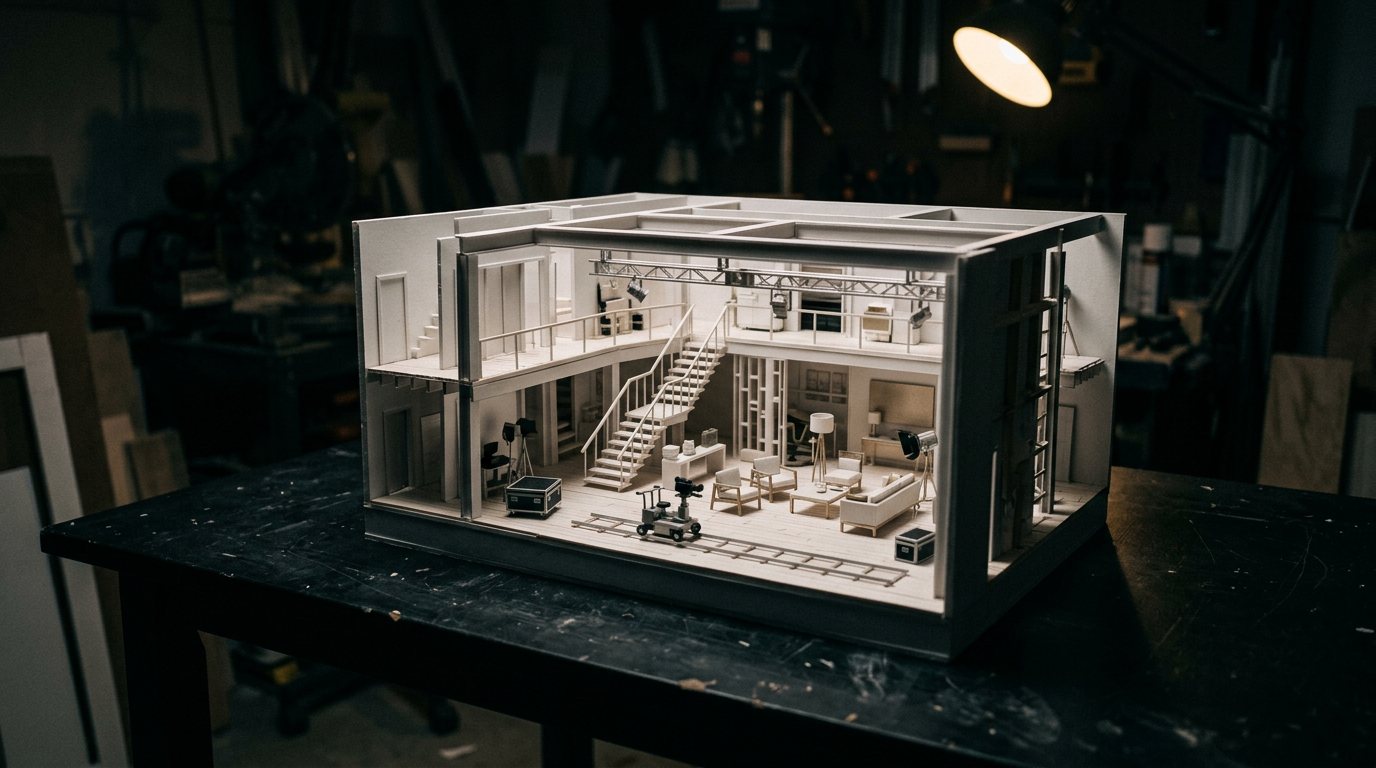 A white scale model of a two-storey film set, with miniature furniture and a camera dolly, on a workshop table.